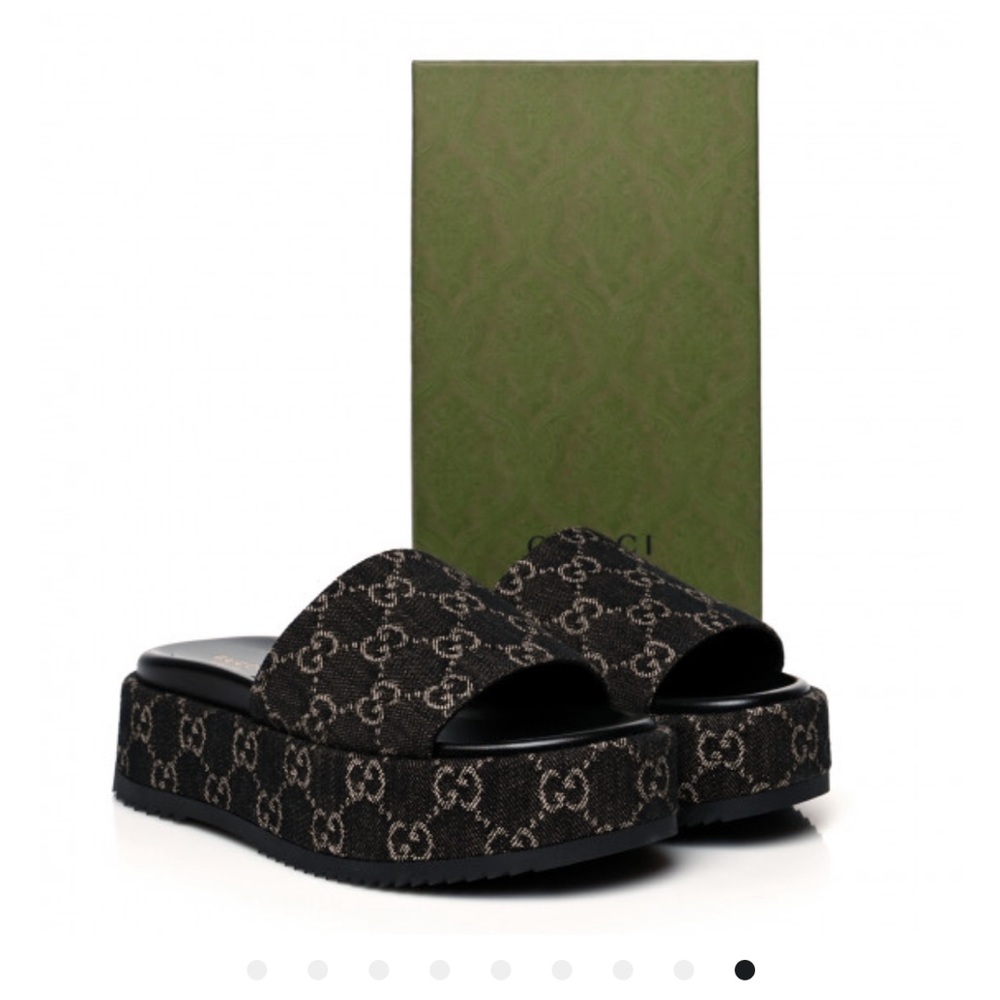 Gucci Jacquard Black Denim GG Monogram Angelina Platform Slide Sandals